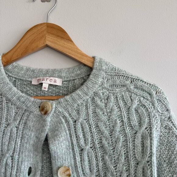 Marea Classic Cable-Knit Button Front Crew Neck Cardigan Sweater Mint Green M - Picture 4 of 10